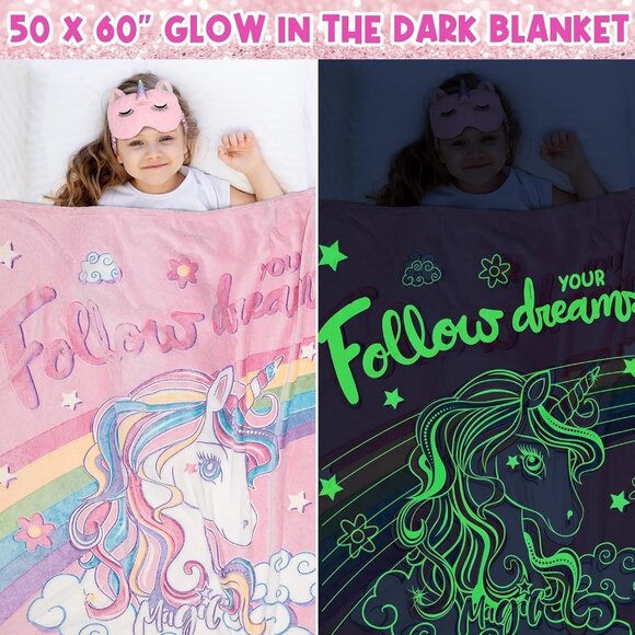 9PCS Unicorn Gifts for Girls Glow in the Dark Blanket Purse Toys for Ages 4-8 - Picture 3 of 9